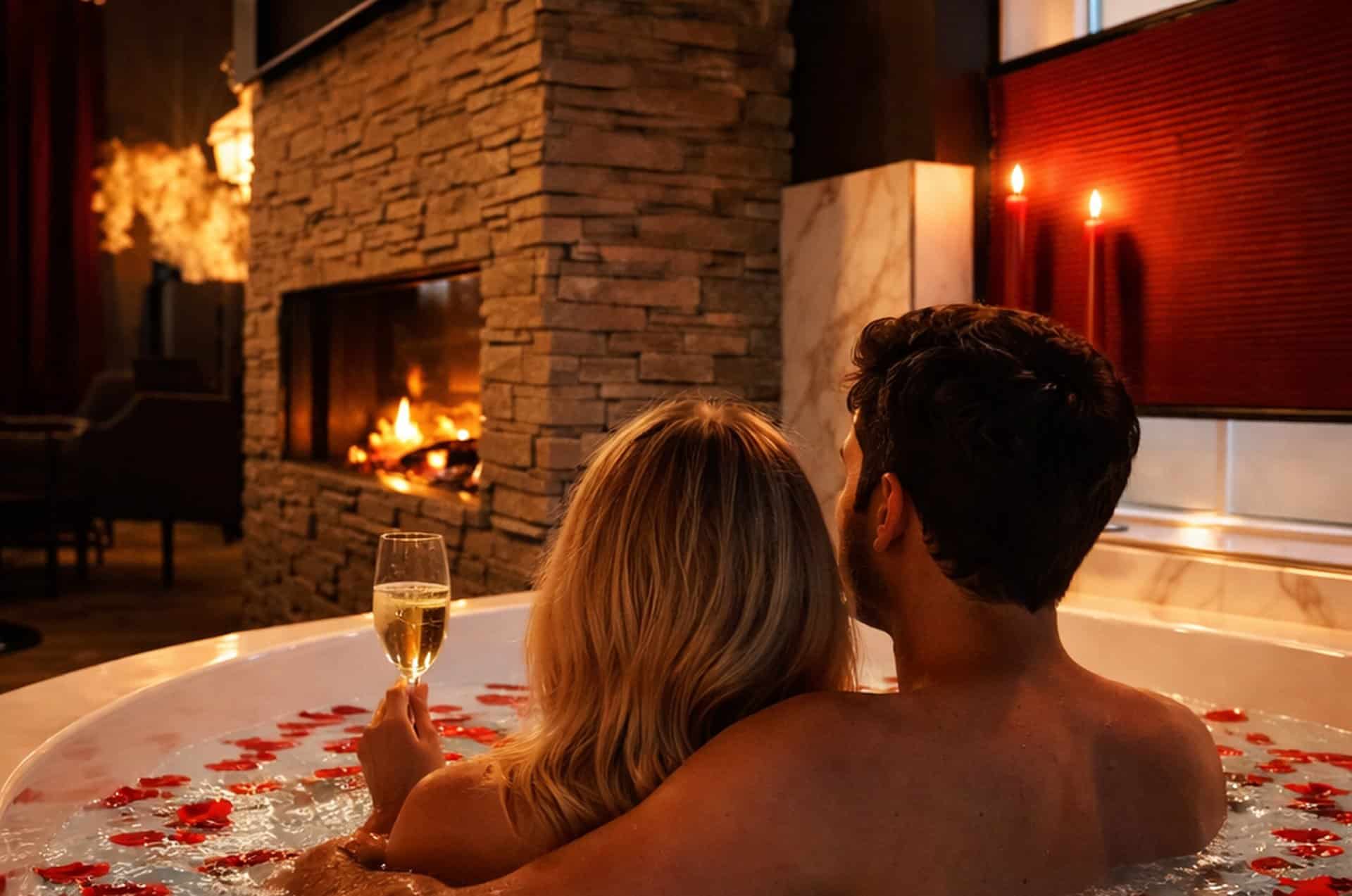 spacieuse baignoire d'angle remplie de pétales de rose pour 2 personnes, avec bulles, jets et éclairage. la baignoire est carrelée de carreaux émaillés rouges. De grands carreaux de marbre entourent la baignoire. Le robinet et la pomme de douche sont de couleur messine. Il y a une fenêtre près de la baignoire, devant laquelle pend un rideau plissé rouge. Sur le rebord de la fenêtre se trouvent 4 bougies rouges de luxe. À gauche de la baignoire se trouve une grande cheminée en pierre avec un large foyer au gaz surmonté d'un grand écran plat.