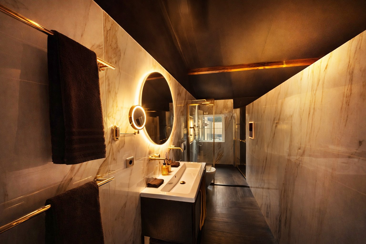 salle de bains de la suite boudoir avec de grands carreaux de marbre, une double douche à effet de pluie et un double lavabo avec des robinets en laiton doré. Au-dessus du lavabo est suspendu un grand miroir rond doré avec éclairage intégré. En outre, un miroir de maquillage doré avec éclairage intégré est suspendu et deux porte-serviettes dorés sont suspendus l'un au-dessus de l'autre. Dans la salle de bains, des articles de toilette sont à la disposition des hôtes.